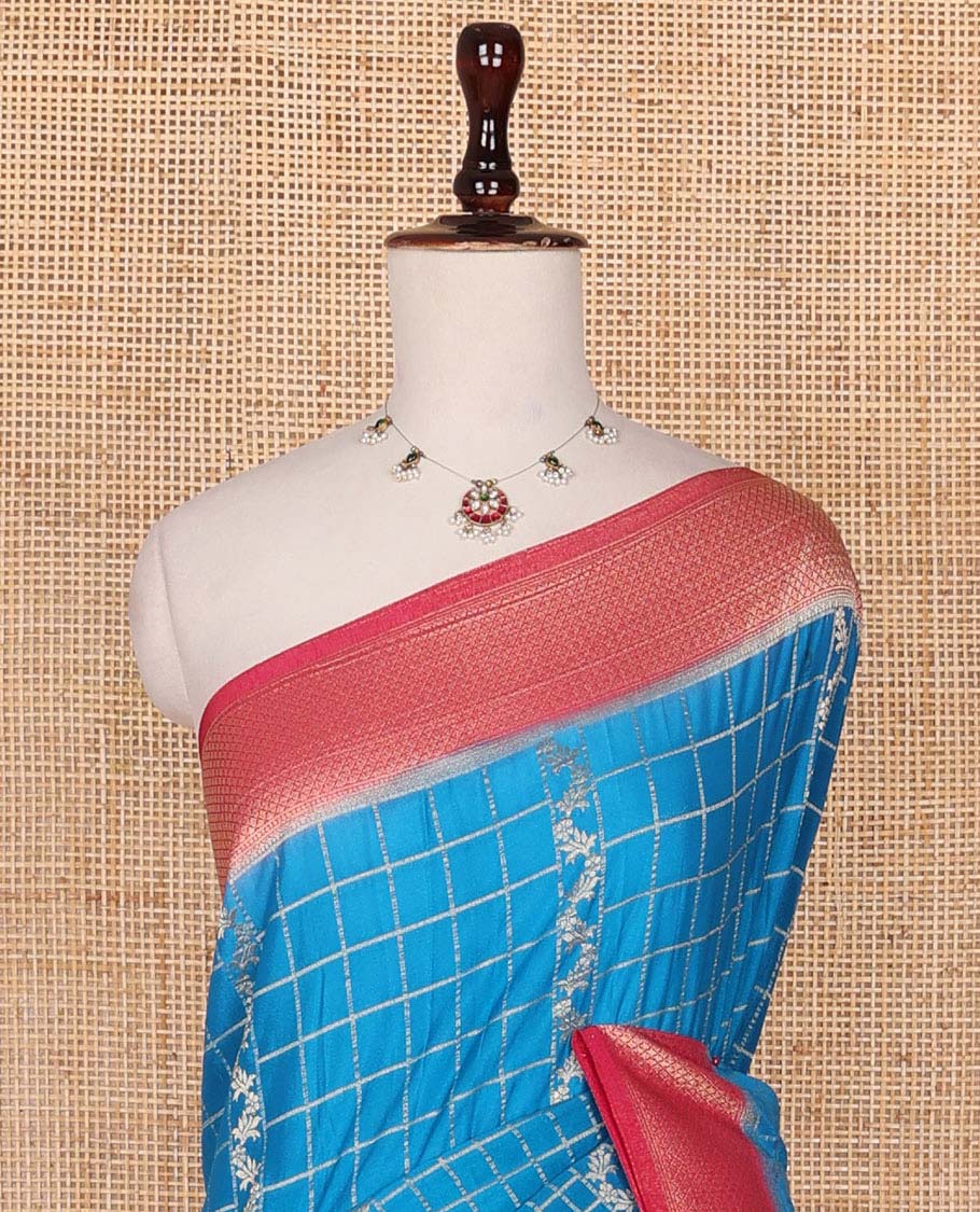 Blue zari jacquard fancy crepe saree, contrast traditional zari border & pallu is floral creeper design - Image 3