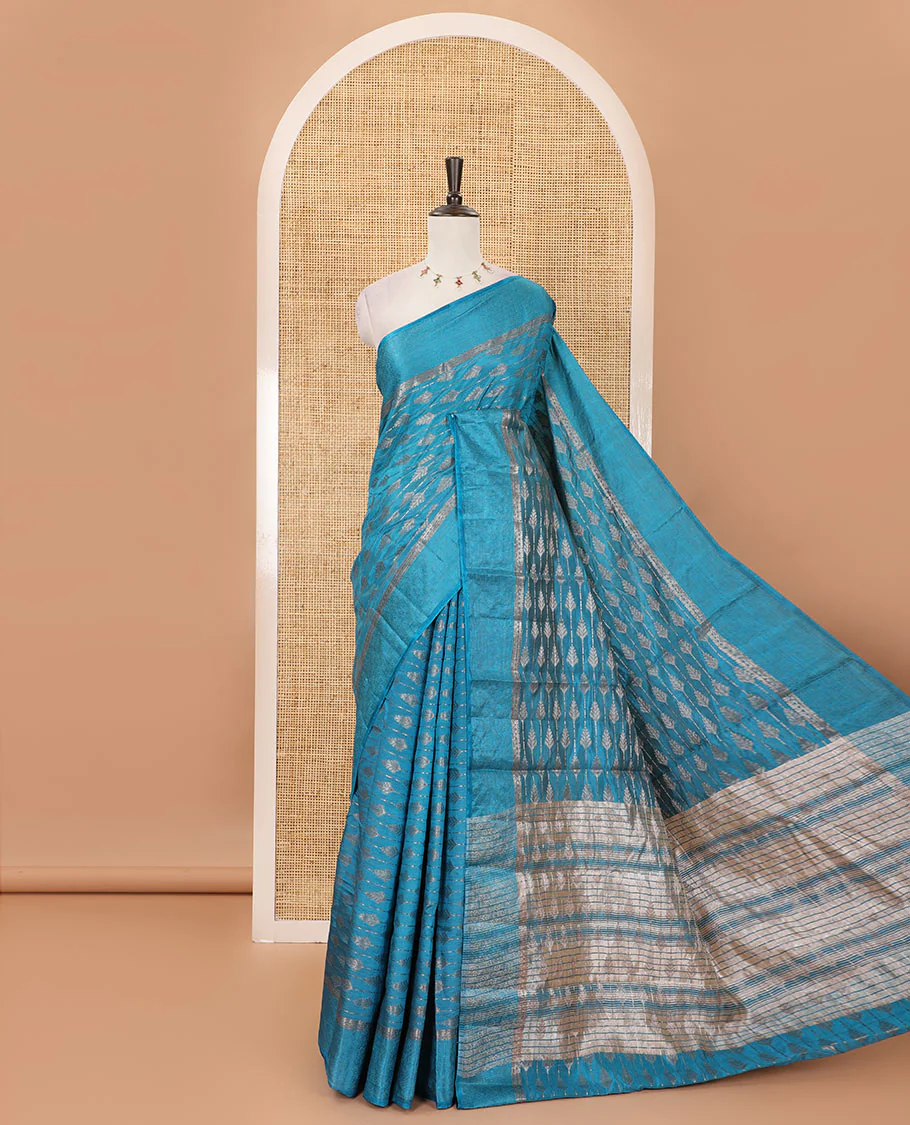 Blue zari & resham thread arrow design woven art silk saree, zari design satin embossed border & matching blouse