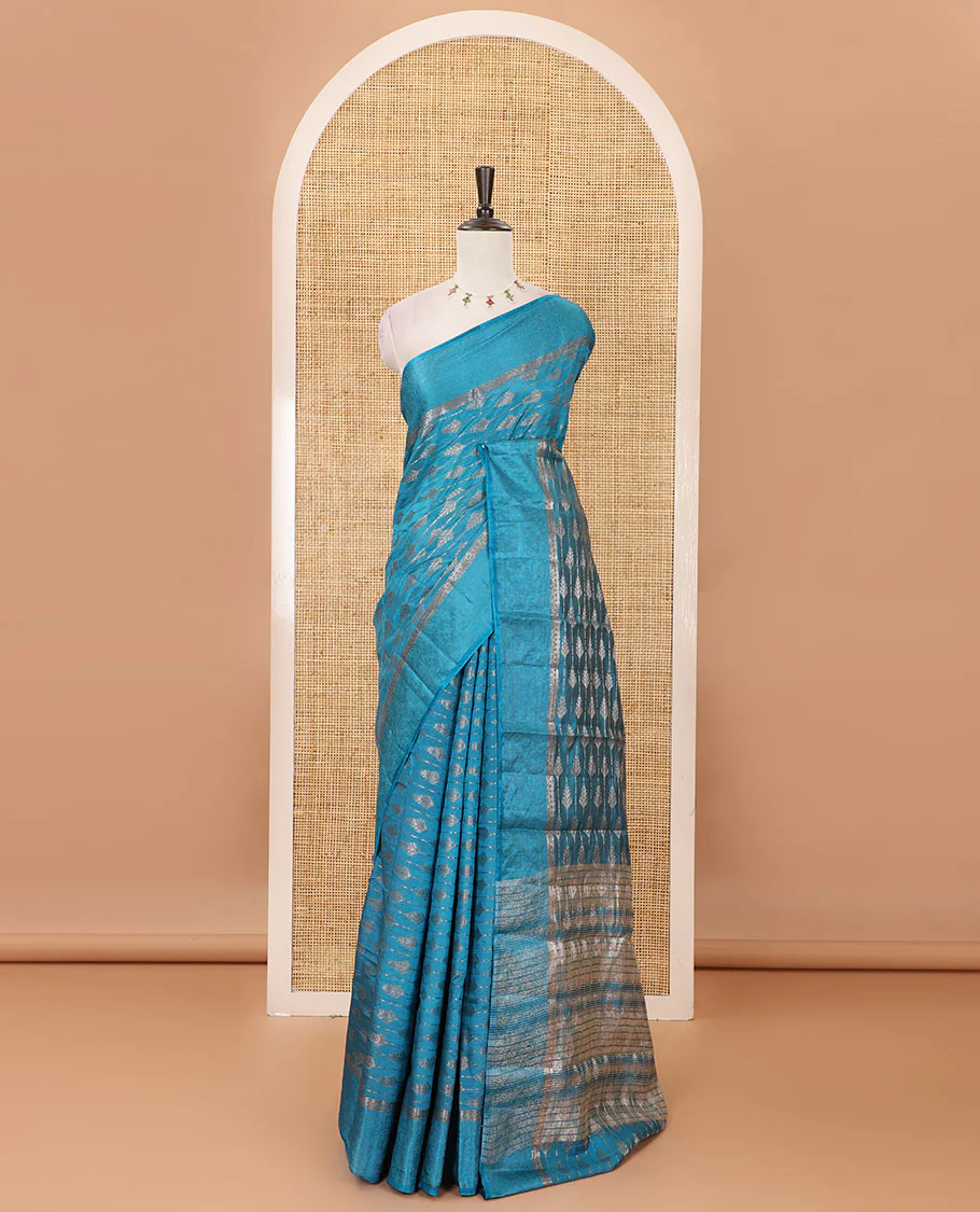 Blue zari & resham thread arrow design woven art silk saree, zari design satin embossed border & matching blouse - Image 2