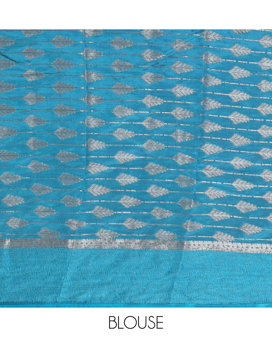 Blue zari & resham thread arrow design woven art silk saree, zari design satin embossed border & matching blouse - Image 4