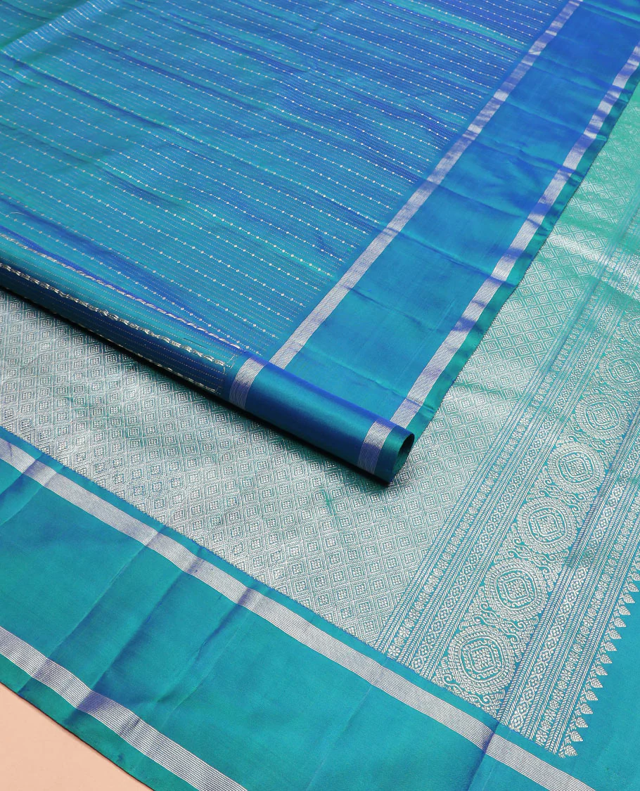 Blue zari striped Kanchipuram silk saree, contrast rettai pettu zari striped border, and jaal pallu - Image 2