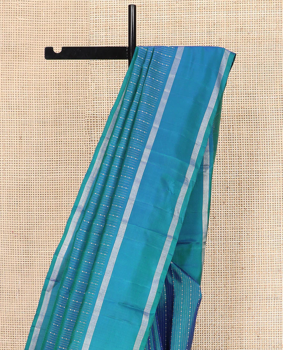 Blue zari striped Kanchipuram silk saree, contrast rettai pettu zari striped border, and jaal pallu - Image 3
