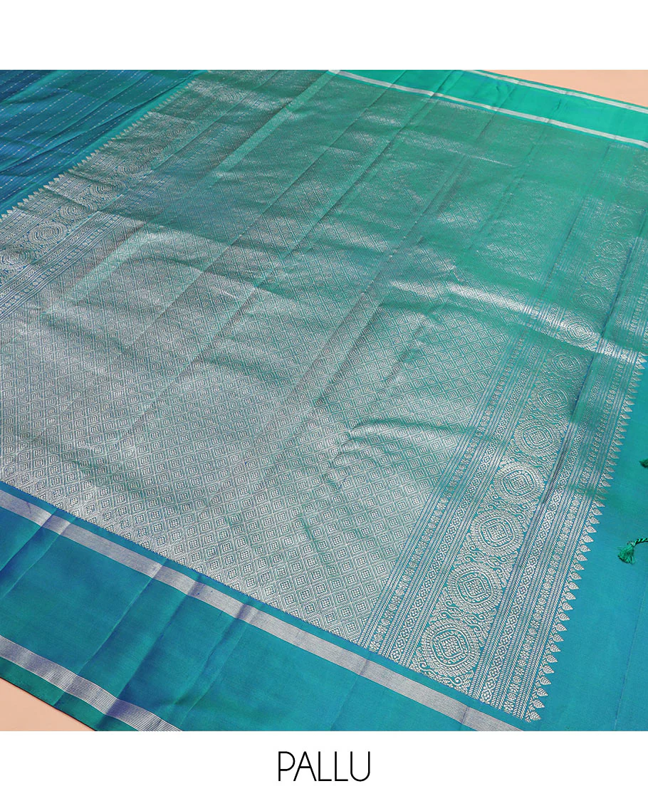Blue zari striped Kanchipuram silk saree, contrast rettai pettu zari striped border, and jaal pallu - Image 5