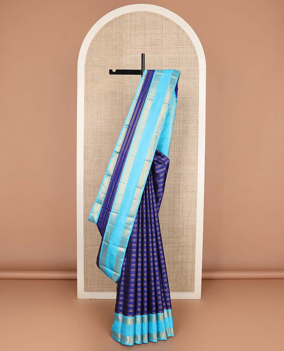 Blue zari striped Kanchipuram silksaree, contrast rettai pettu border of traditional zari designs, and zari-rich jaal pallu - Image 3