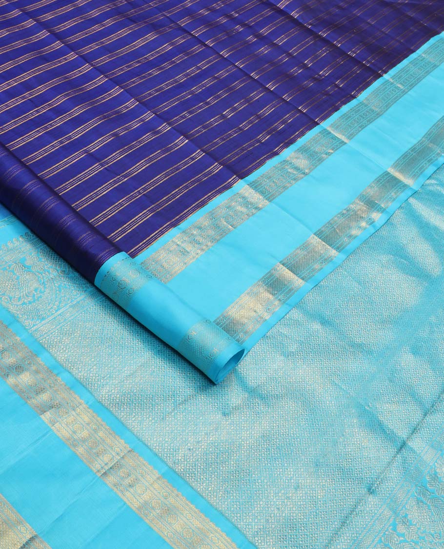 Blue zari striped Kanchipuram silksaree, contrast rettai pettu border of traditional zari designs, and zari-rich jaal pallu - Image 4