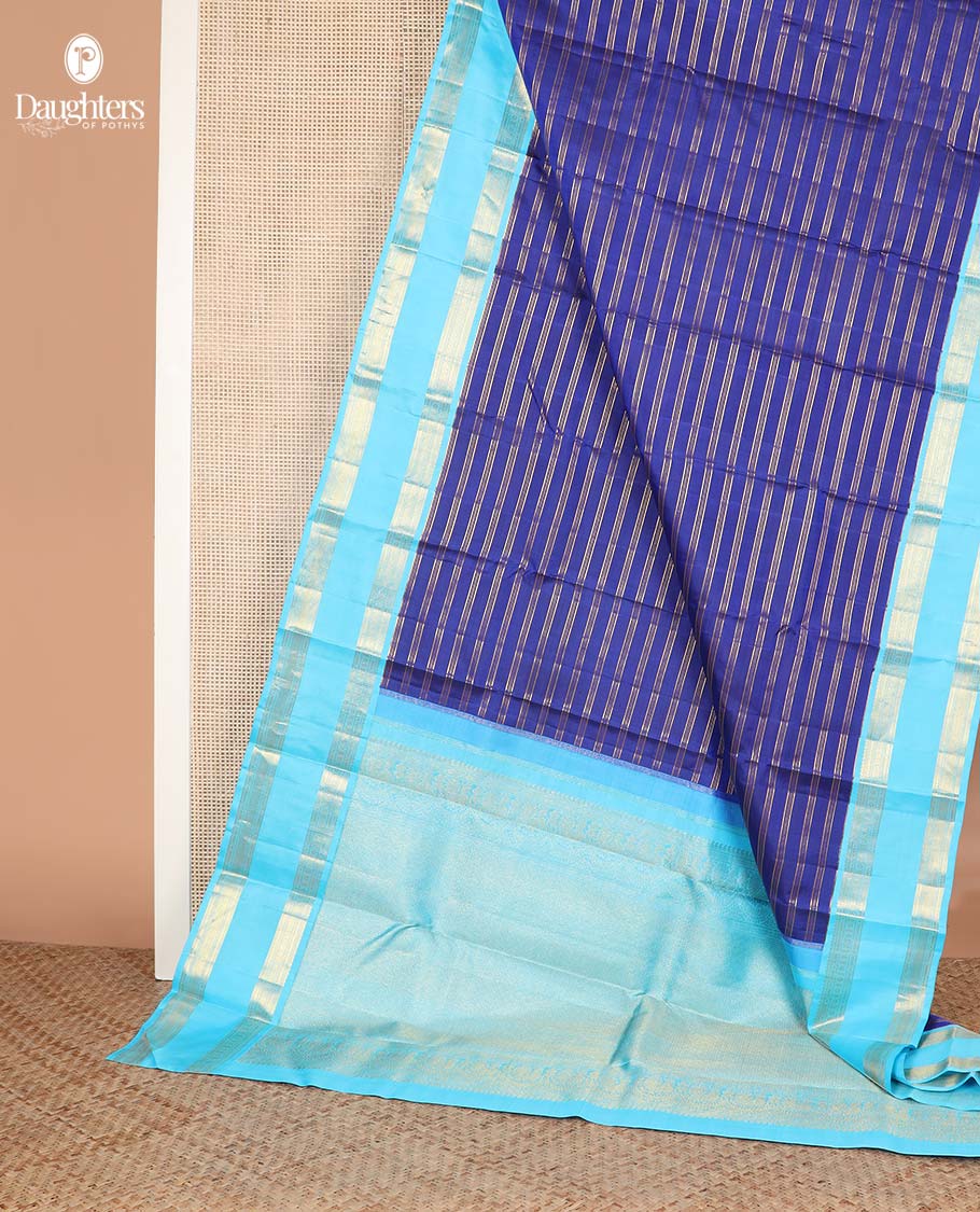 Blue zari striped Kanchipuram silksaree, contrast rettai pettu border of traditional zari designs, and zari-rich jaal pallu - Image 5