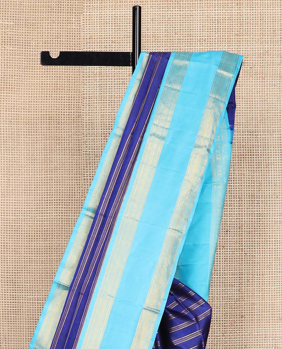 Blue zari striped Kanchipuram silksaree, contrast rettai pettu border of traditional zari designs, and zari-rich jaal pallu - Image 6