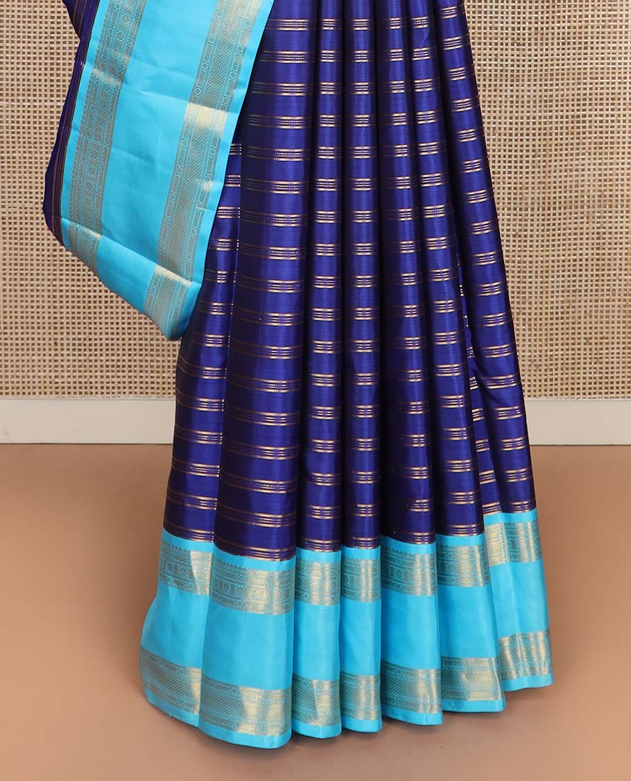 Blue zari striped Kanchipuram silksaree, contrast rettai pettu border of traditional zari designs, and zari-rich jaal pallu - Image 7