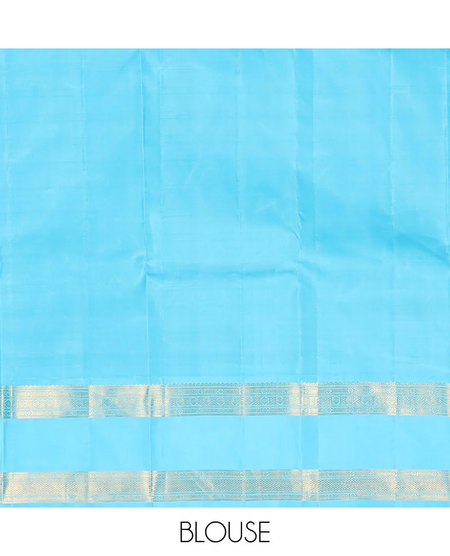Blue zari striped Kanchipuram silksaree, contrast rettai pettu border of traditional zari designs, and zari-rich jaal pallu - Image 8
