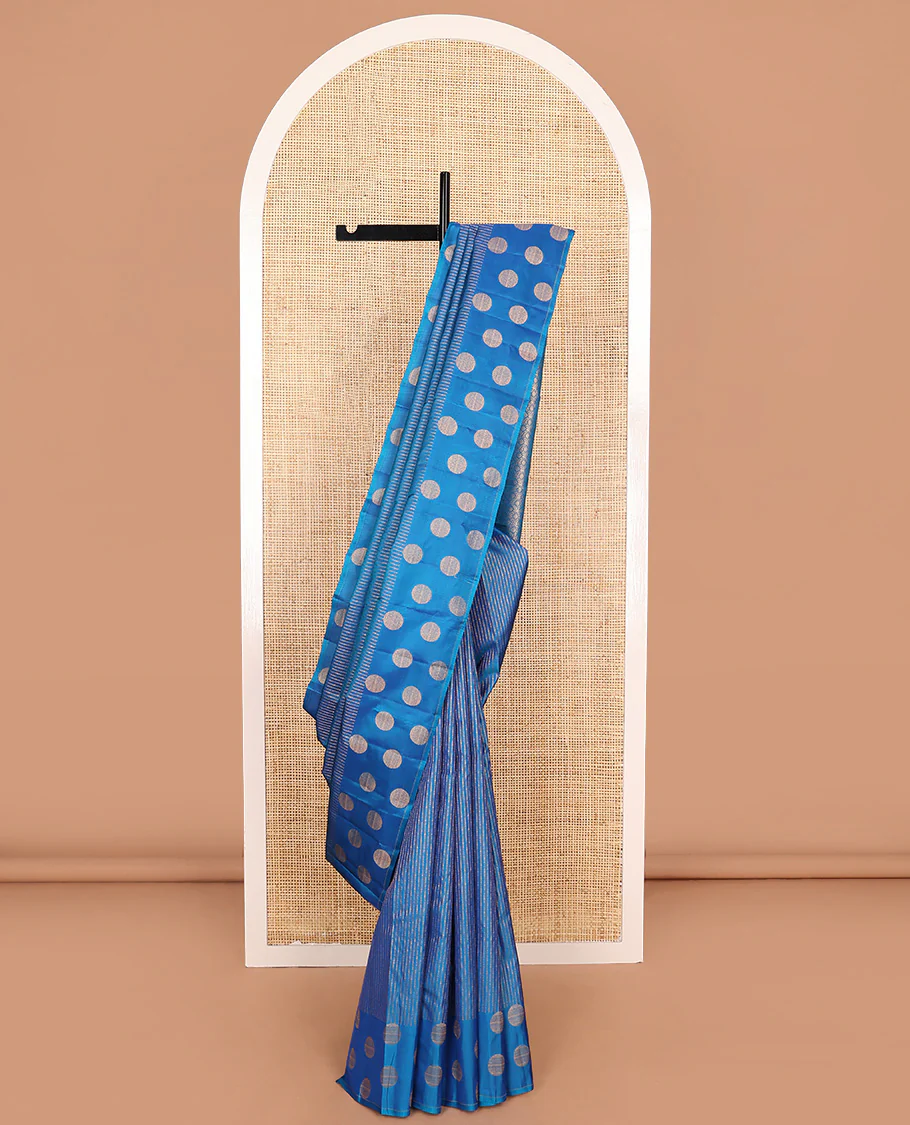 Blue zari striped Vasundhara Lite Silk Mix Saree, zari border of round motifs, and pallu of intricate designs