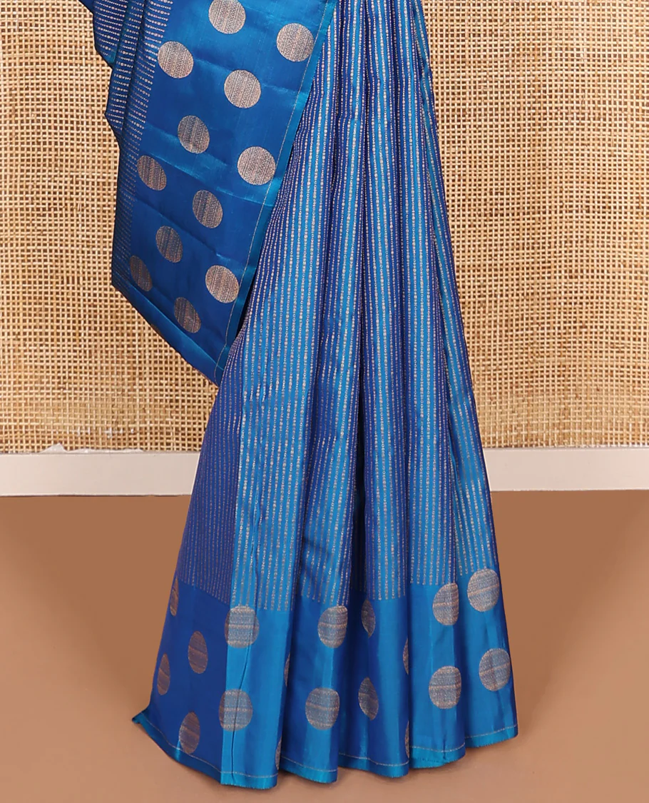 Blue zari striped Vasundhara Lite Silk Mix Saree, zari border of round motifs, and pallu of intricate designs - Image 3