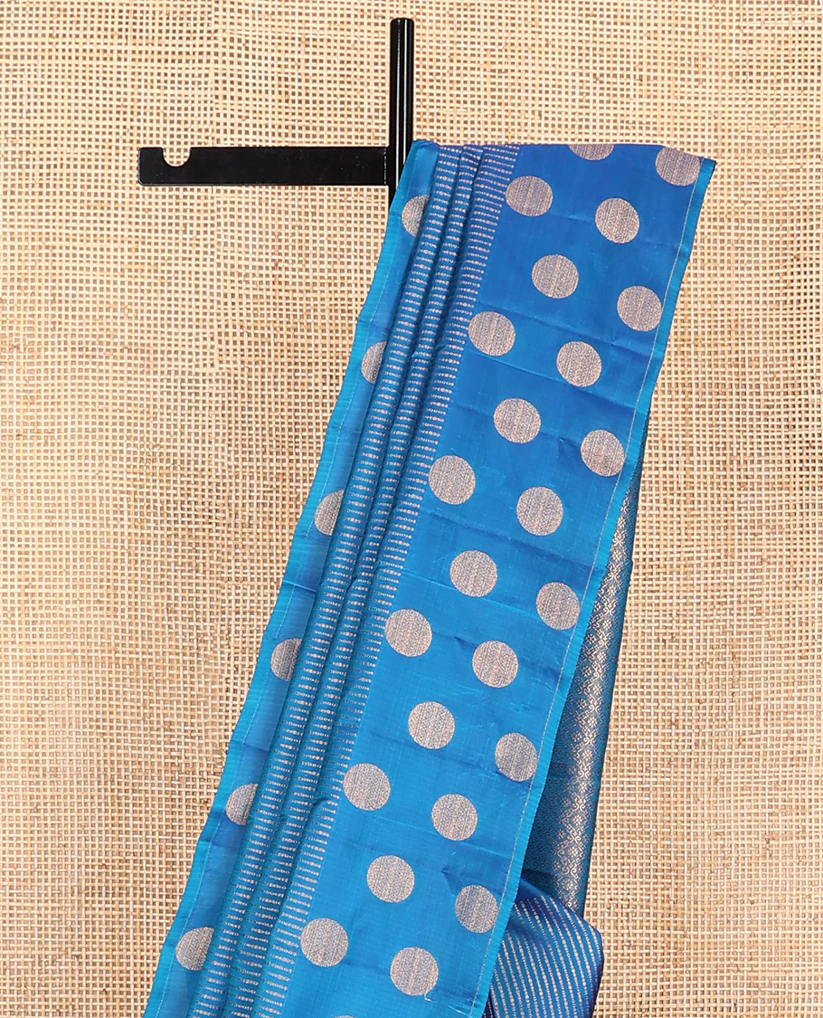 Blue zari striped Vasundhara Lite Silk Mix Saree, zari border of round motifs, and pallu of intricate designs - Image 4