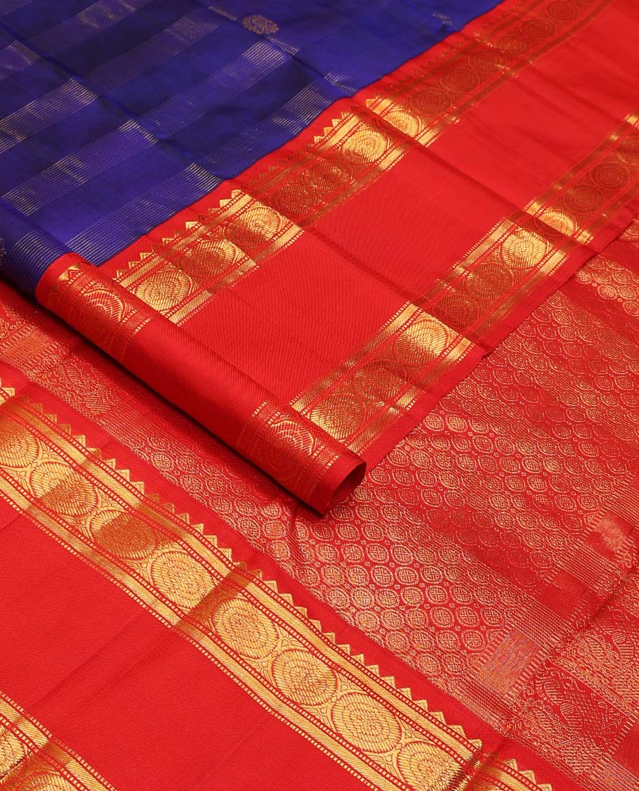 Blue zari stripes, and buttas Kanchipuram korvai silk saree, contrast rettai pettu neer korvai border of thilakam mokku, neli, muthu, kodi visiry, manga, yaanai, and mayil designs, and vanki design pallu - Image 2