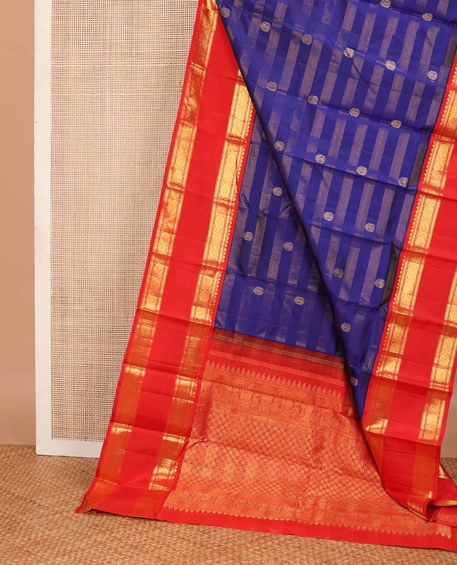 Blue zari stripes, and buttas Kanchipuram korvai silk saree, contrast rettai pettu neer korvai border of thilakam mokku, neli, muthu, kodi visiry, manga, yaanai, and mayil designs, and vanki design pallu - Image 3