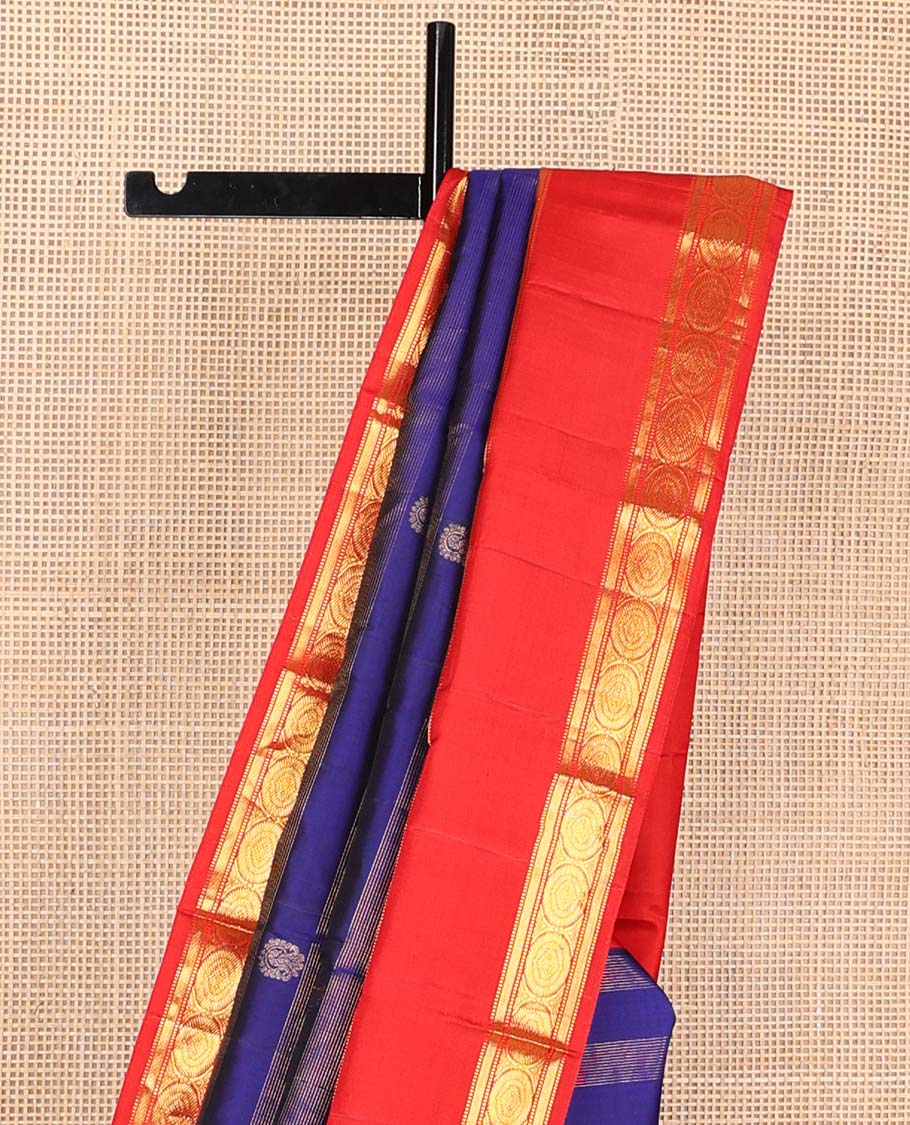 Blue zari stripes, and buttas Kanchipuram korvai silk saree, contrast rettai pettu neer korvai border of thilakam mokku, neli, muthu, kodi visiry, manga, yaanai, and mayil designs, and vanki design pallu - Image 4