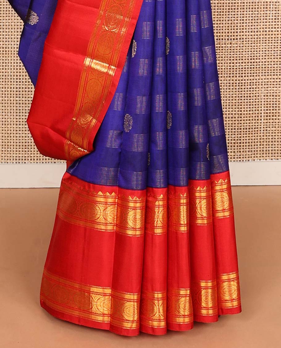 Blue zari stripes, and buttas Kanchipuram korvai silk saree, contrast rettai pettu neer korvai border of thilakam mokku, neli, muthu, kodi visiry, manga, yaanai, and mayil designs, and vanki design pallu - Image 5