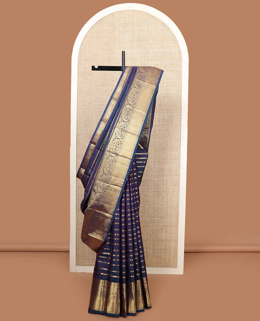 Blue zari stripes Vasundhara silk saree, zari border of kathir, mayil, and mayil kann designs, and jaal pallu