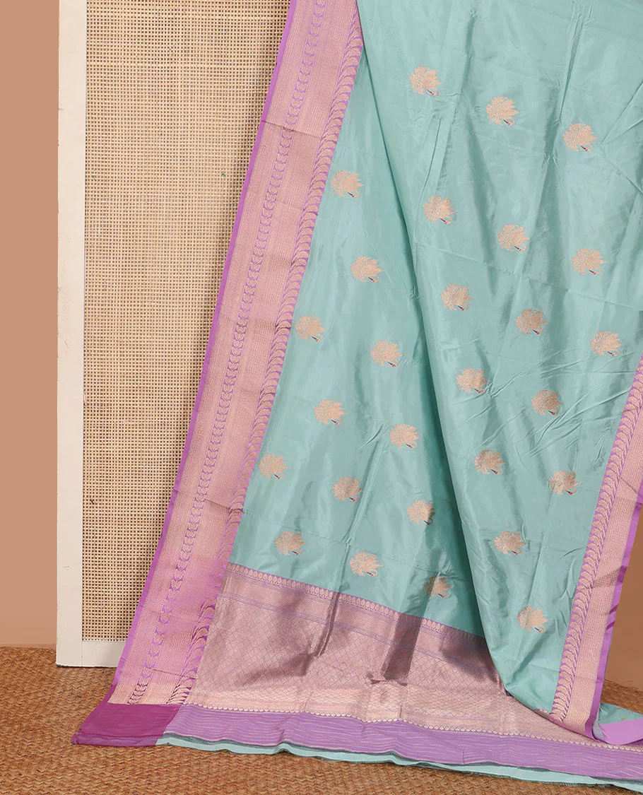 Blue zari swan buttas katan silk saree, contrast bird, and floral design border, and jaal pallu - Image 2