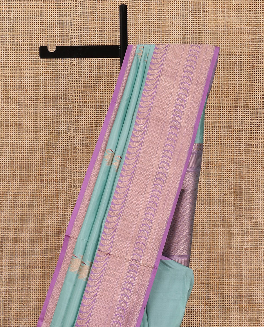 Blue zari swan buttas katan silk saree, contrast bird, and floral design border, and jaal pallu - Image 3