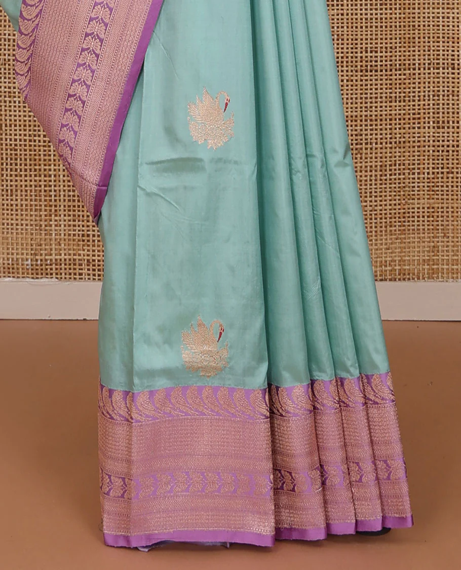 Blue zari swan buttas katan silk saree, contrast bird, and floral design border, and jaal pallu - Image 4