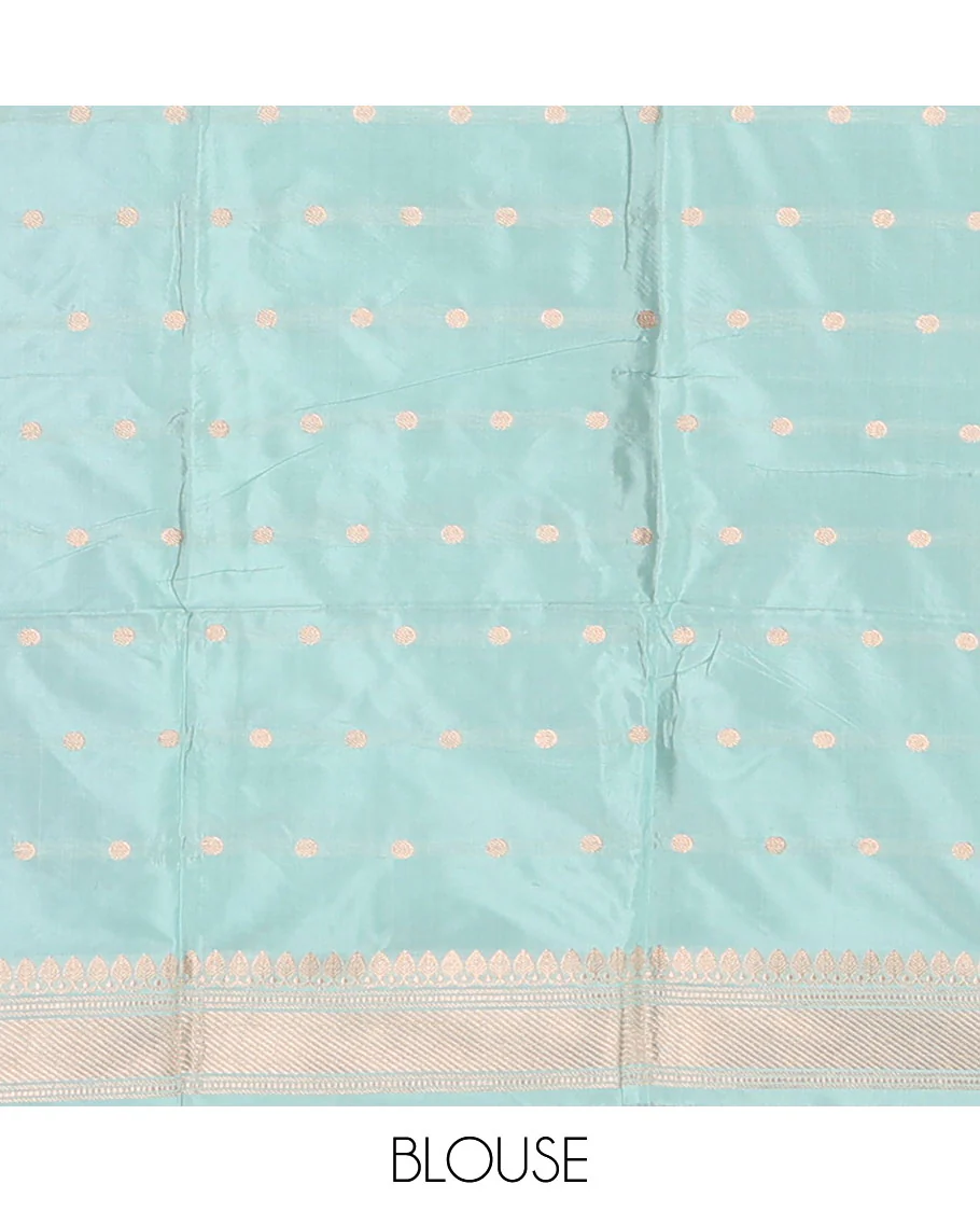 Blue zari swan buttas katan silk saree, contrast bird, and floral design border, and jaal pallu - Image 5