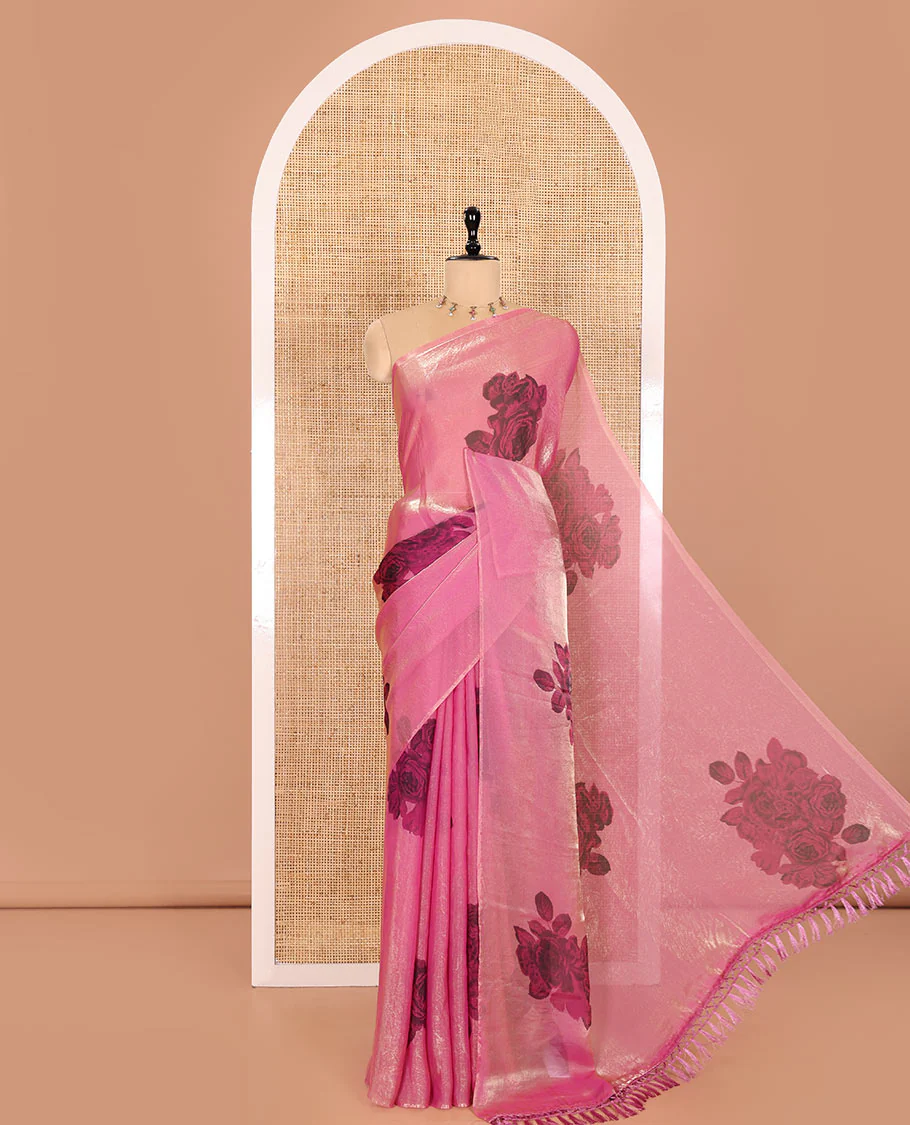 Borderless Baby Pink Fendy Chiffon Saree Features a Realistic Rose Floral Motif Print, Complemented by Rose Motifs Printed Blouse