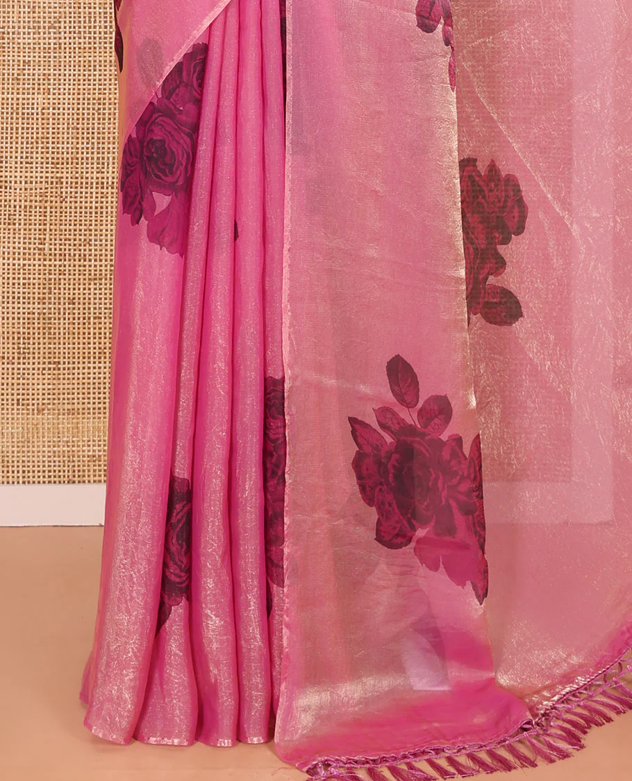 Borderless Baby Pink Fendy Chiffon Saree Features a Realistic Rose Floral Motif Print, Complemented by Rose Motifs Printed Blouse - Image 3