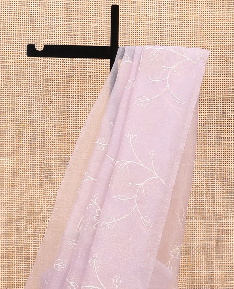 Borderless baby pink floral vine thread embroidered tissue saree, floral vine thread embroidered pallu - Image 2