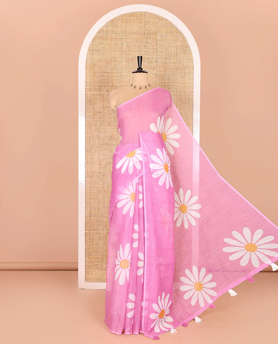 Borderless Baby Pink Linen Saree Beautified with Big Daisy Flower Motifs Printed All Over the Body and Pallu, Complemented by a Contrast Blouse Printed with Daisy Flower Motifs