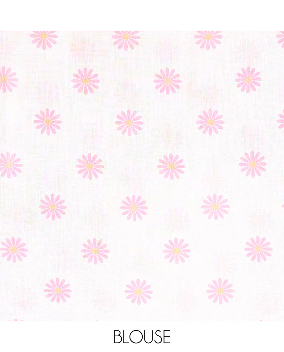 Borderless Baby Pink Linen Saree Beautified with Big Daisy Flower Motifs Printed All Over the Body and Pallu, Complemented by a Contrast Blouse Printed with Daisy Flower Motifs - Image 3