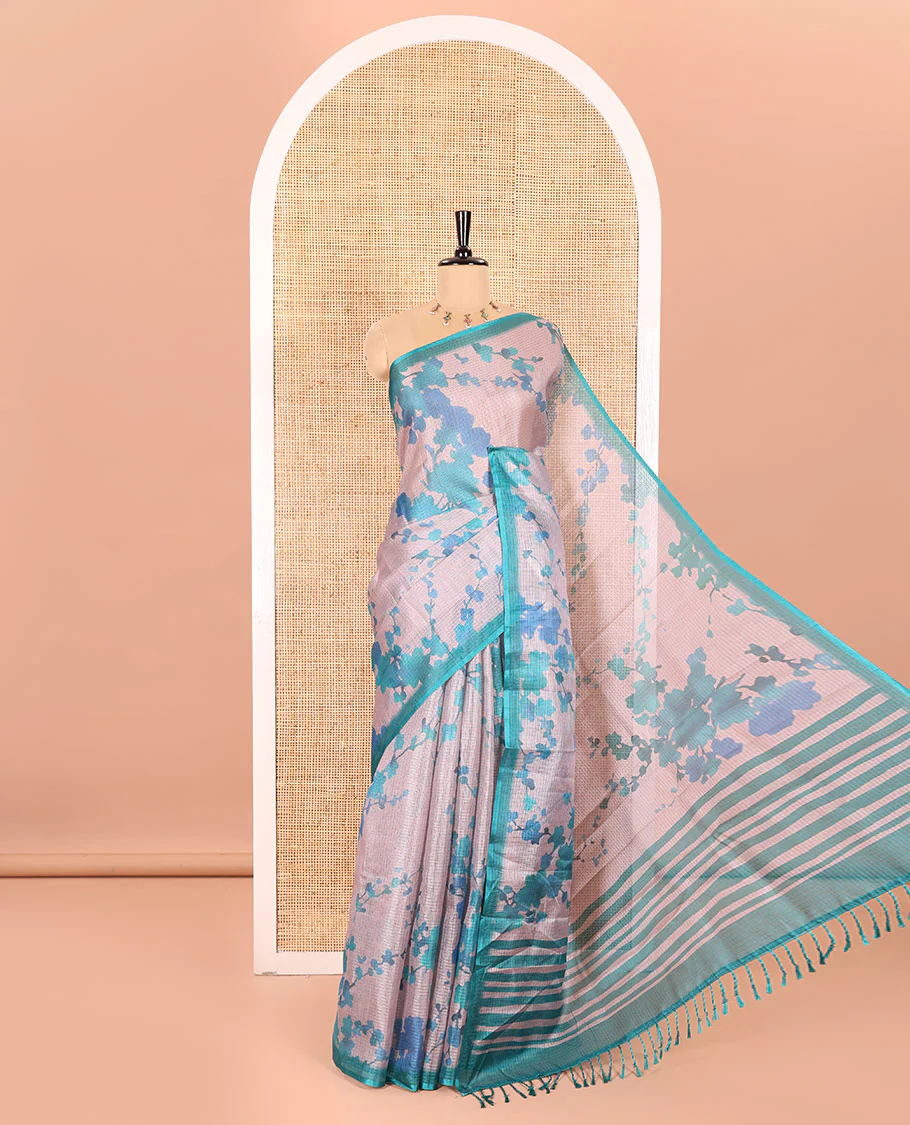 Borderless Beige Kota Chex Saree Beautified with Floral Motifs Digital Print, Subtle Pallu of Stripes, and Paired with a Contrast Plus Printed Blouse