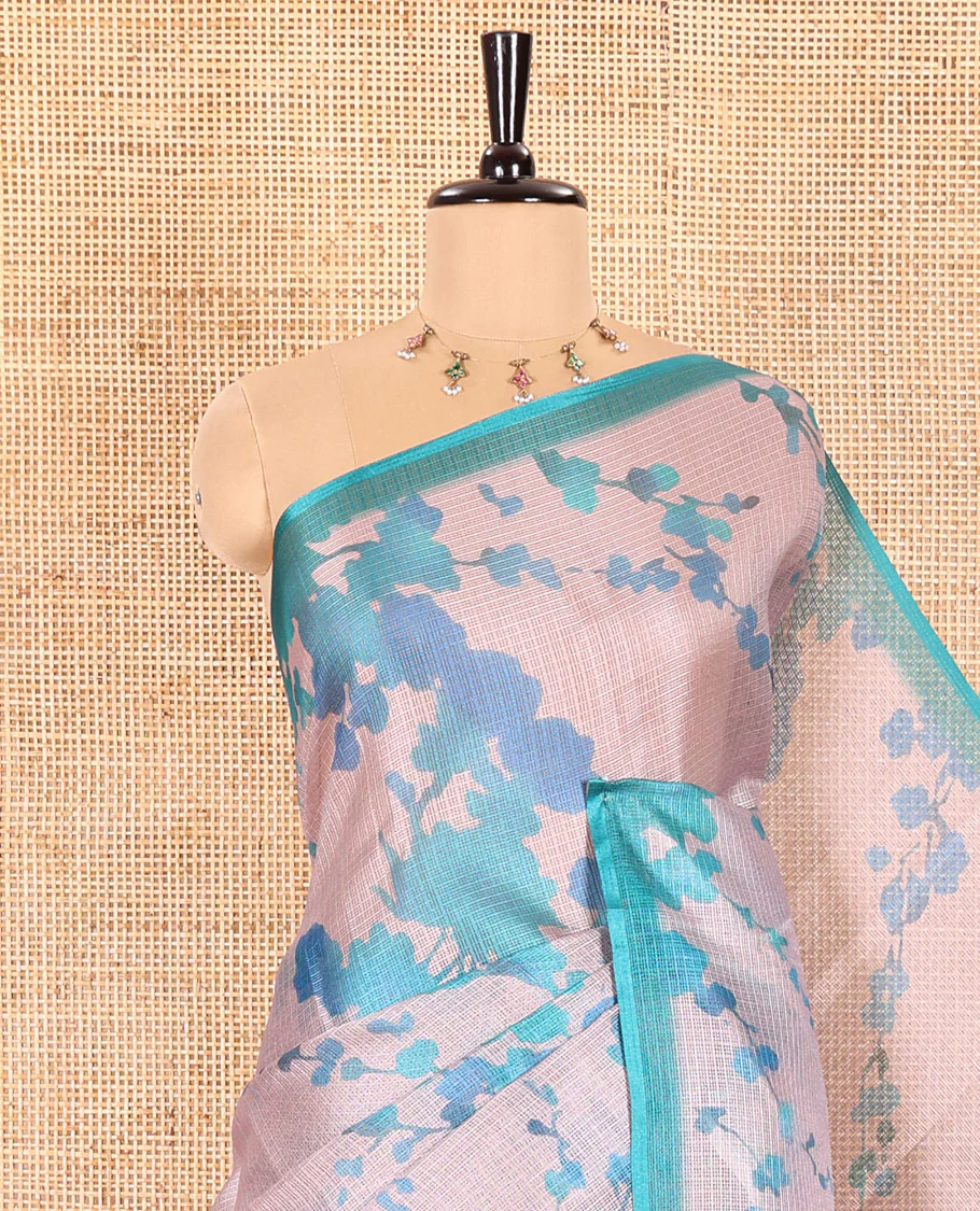 Borderless Beige Kota Chex Saree Beautified with Floral Motifs Digital Print, Subtle Pallu of Stripes, and Paired with a Contrast Plus Printed Blouse - Image 2