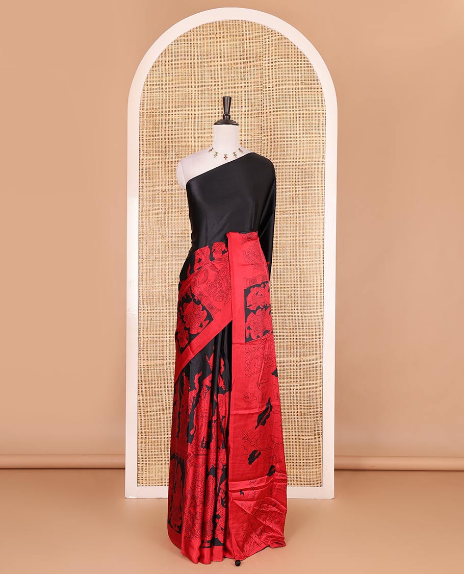 Borderless black and red colored kalamkari human figurines printed Gaji silk saree, kalamkari printed pallu and blouse - Image 2