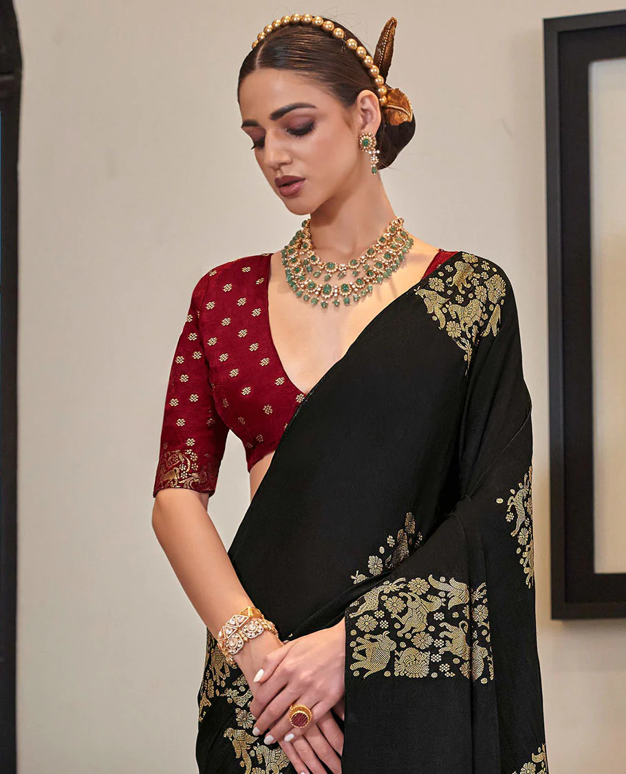 Borderless black animal motifs designer saree, self-pallu of animal motifs - Image 2