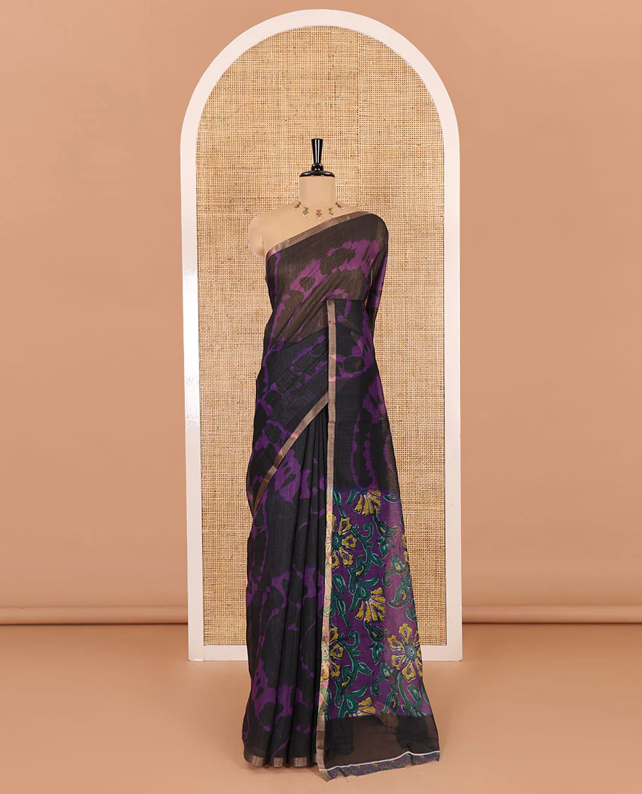 Borderless black big circle shibori printed linen cotton saree, contrast sanganeri floral block printed pallu, and a contrast printed blouse - Image 2