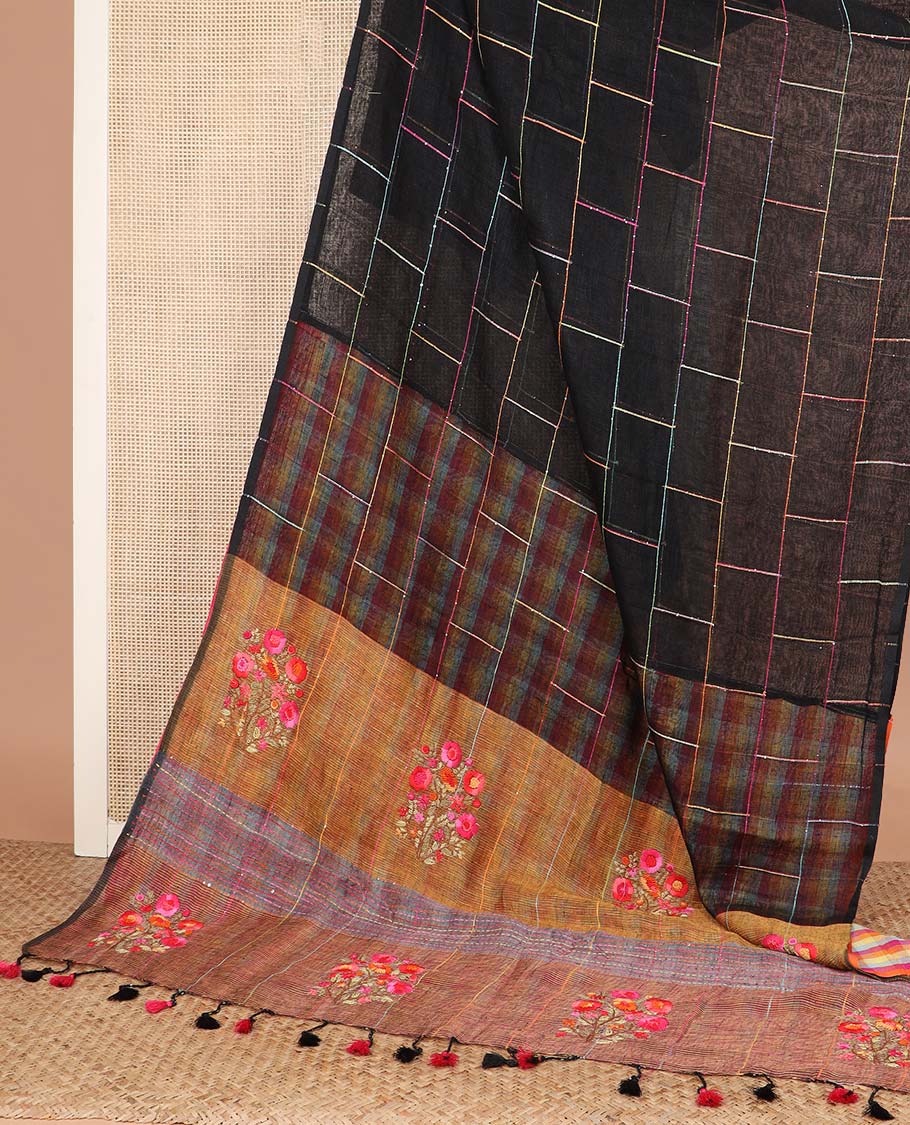 Borderless black checked linen cotton saree, contrast pallu of colorful floral motifs - Image 2