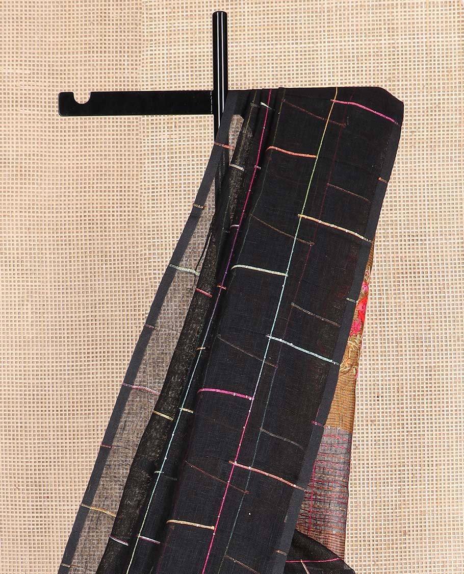 Borderless black checked linen cotton saree, contrast pallu of colorful floral motifs - Image 3