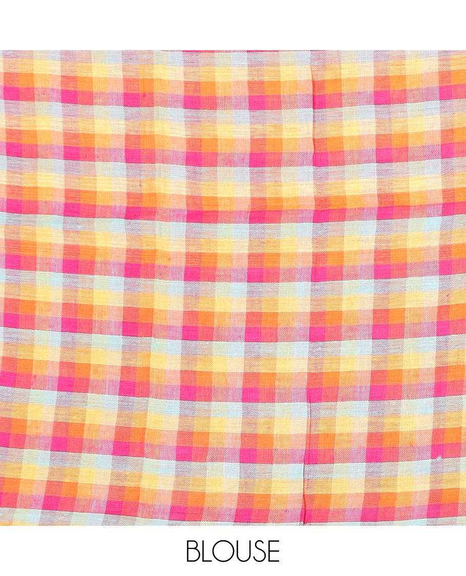 Borderless black checked linen cotton saree, contrast pallu of colorful floral motifs - Image 5