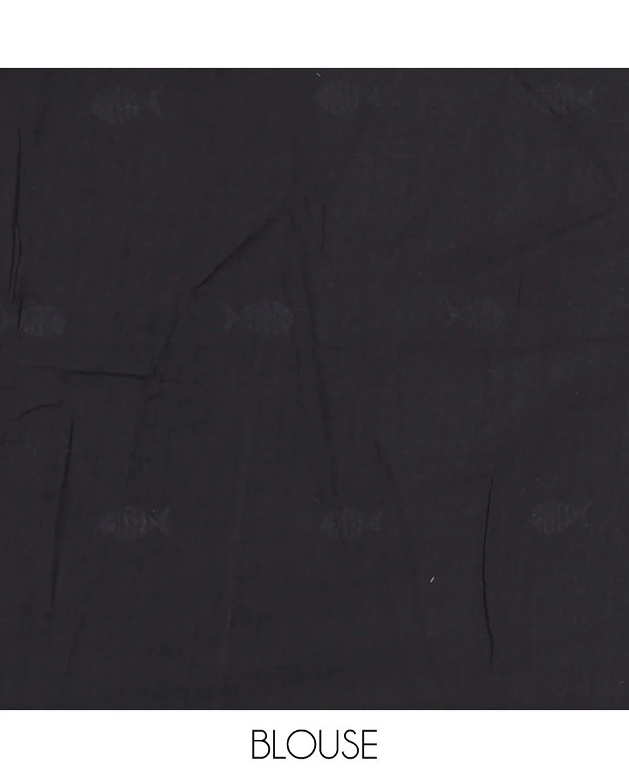 Borderless black fish motifs thread embroidered khadi mul cotton saree, fish motifs thread embroidered pallu, and a matching plain blouse - Image 4