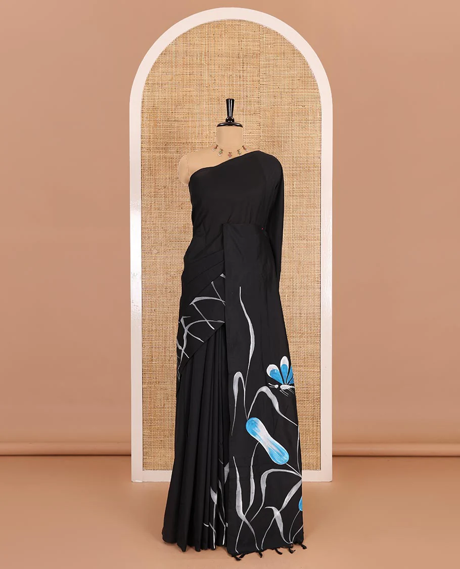 Borderless black floral and dragonfly motifs printed South cotton saree, printed pallu, and a matching floral printed blouse - Image 2