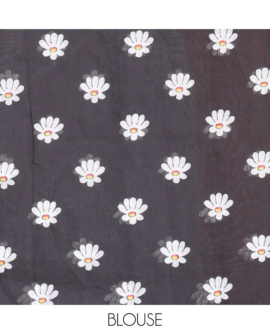 Borderless black Floral design chanderi cotton saree , floral vine printed pallu and small floral printed blouse - Image 3
