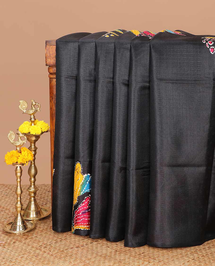 Borderless Black floral digital print semi khadhi silk saree with digital printed blouse & printed blouse - Image 3