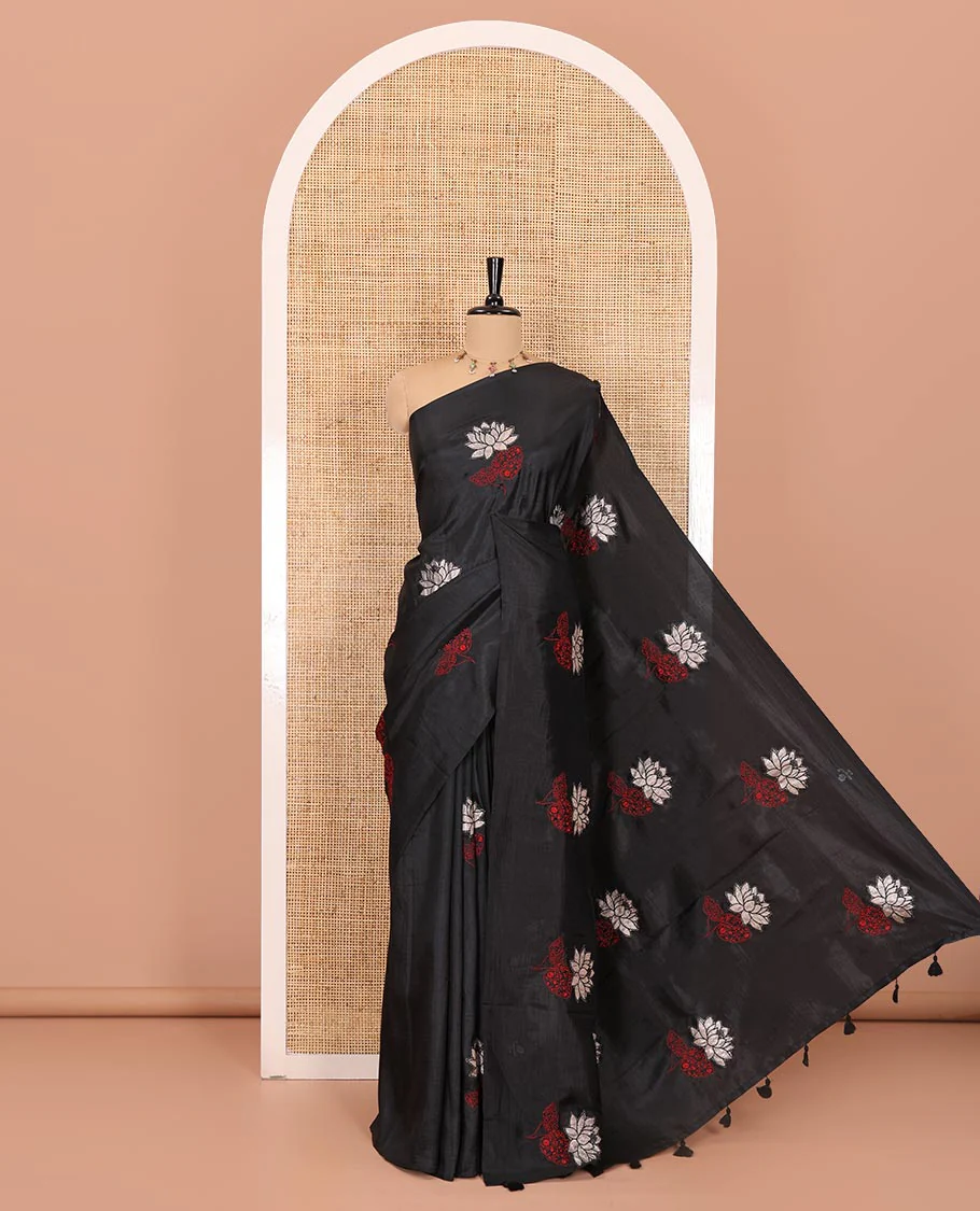 Borderless black floral motifs embroidered fancy tussar saree, floral motifs embroidered pallu, and a plain blouse