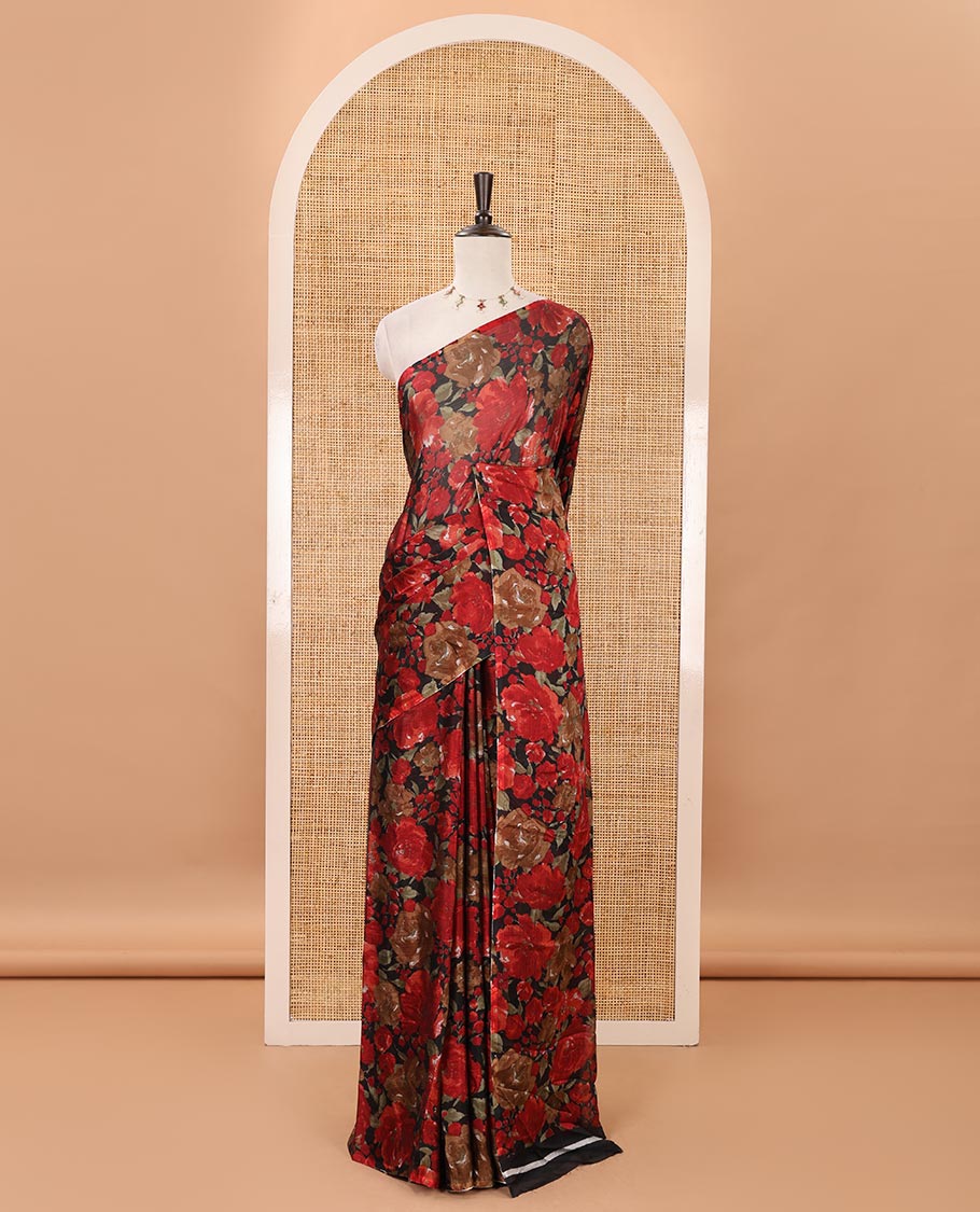 Borderless black floral printed light weight chiffon saree with plain blouse - Image 2