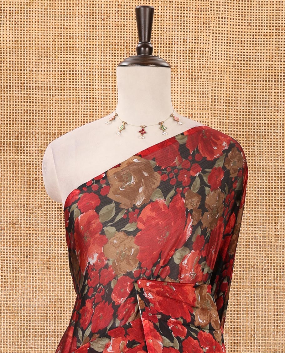 Borderless black floral printed light weight chiffon saree with plain blouse - Image 3