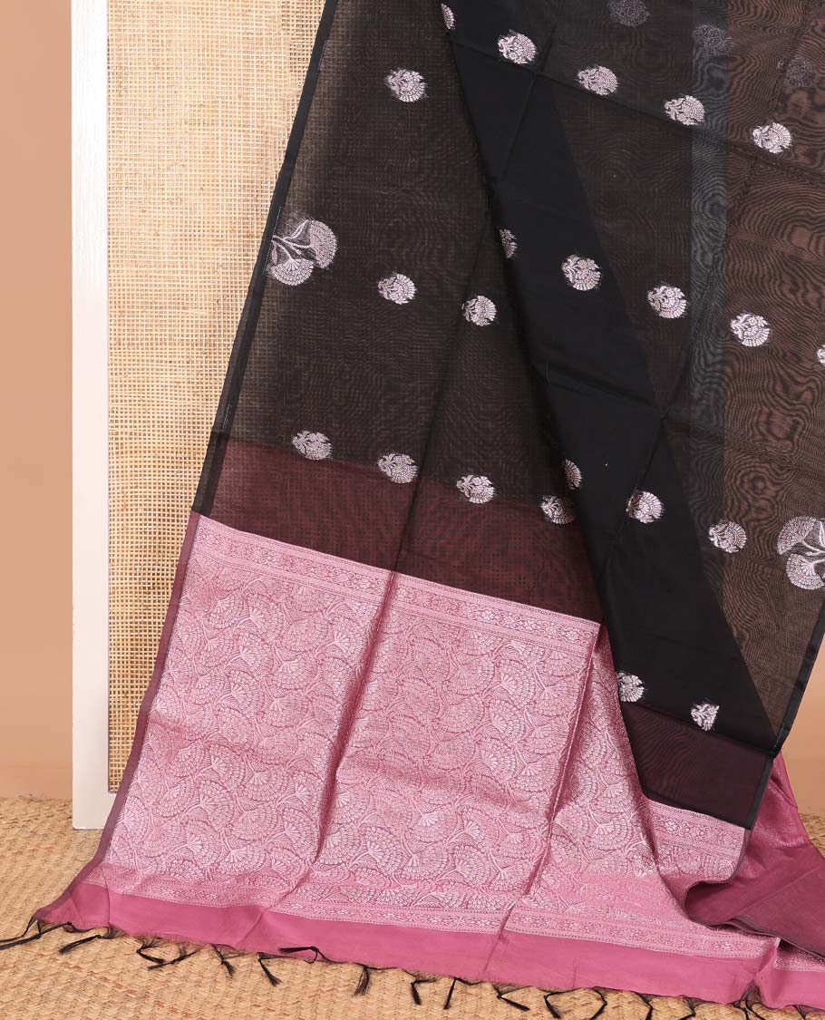 Borderless black flower zari buttas semi silk cotton saree, contrast floral jaal zari pallu - Image 2
