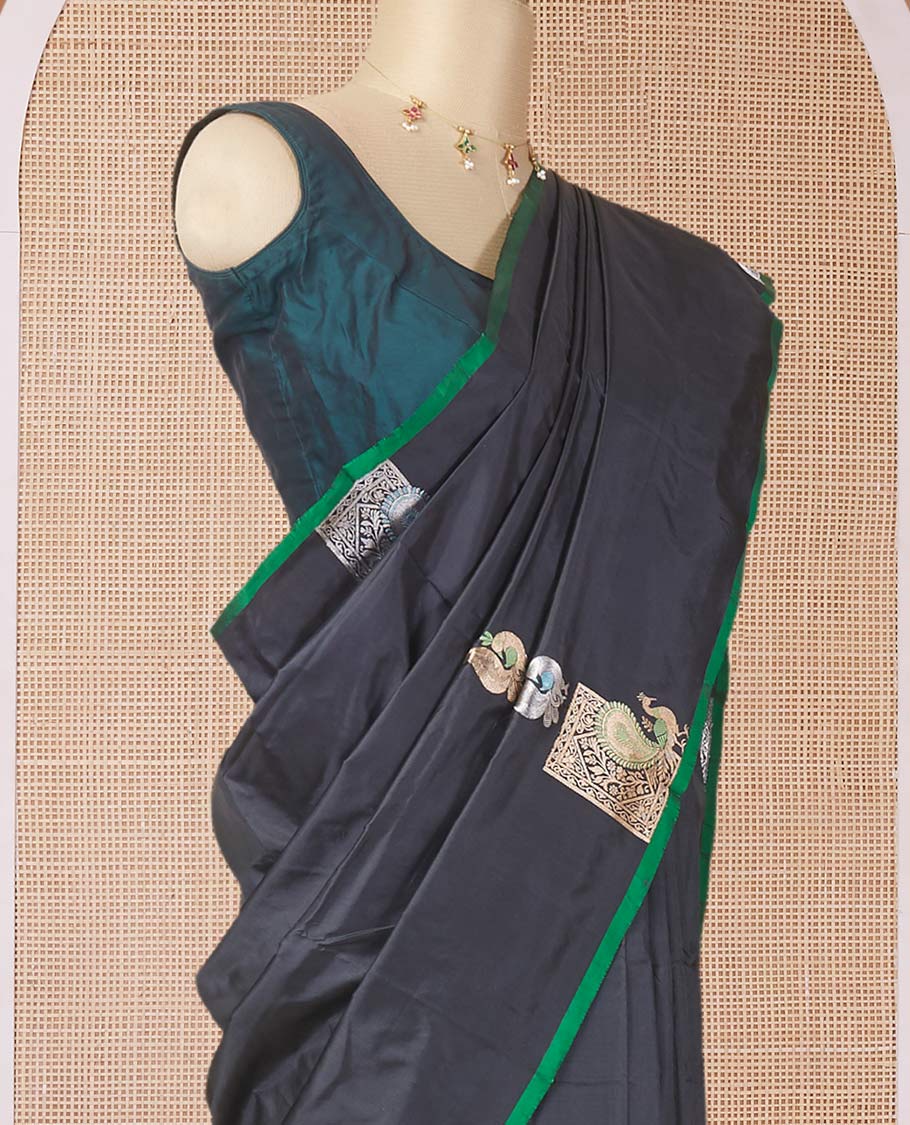 Borderless black katan silk saree with peacock motifs, self-pallu steeped with meenakari peacock motifs - Image 3