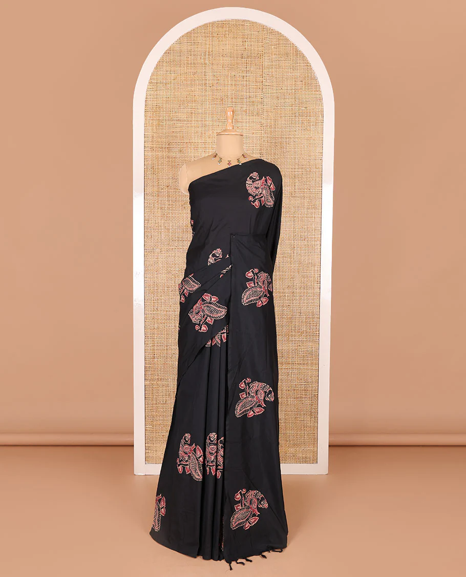 Borderless black peacock motifs printed South cotton saree with a matching blouse, and a contrast floral motifs printed blouse - Image 2