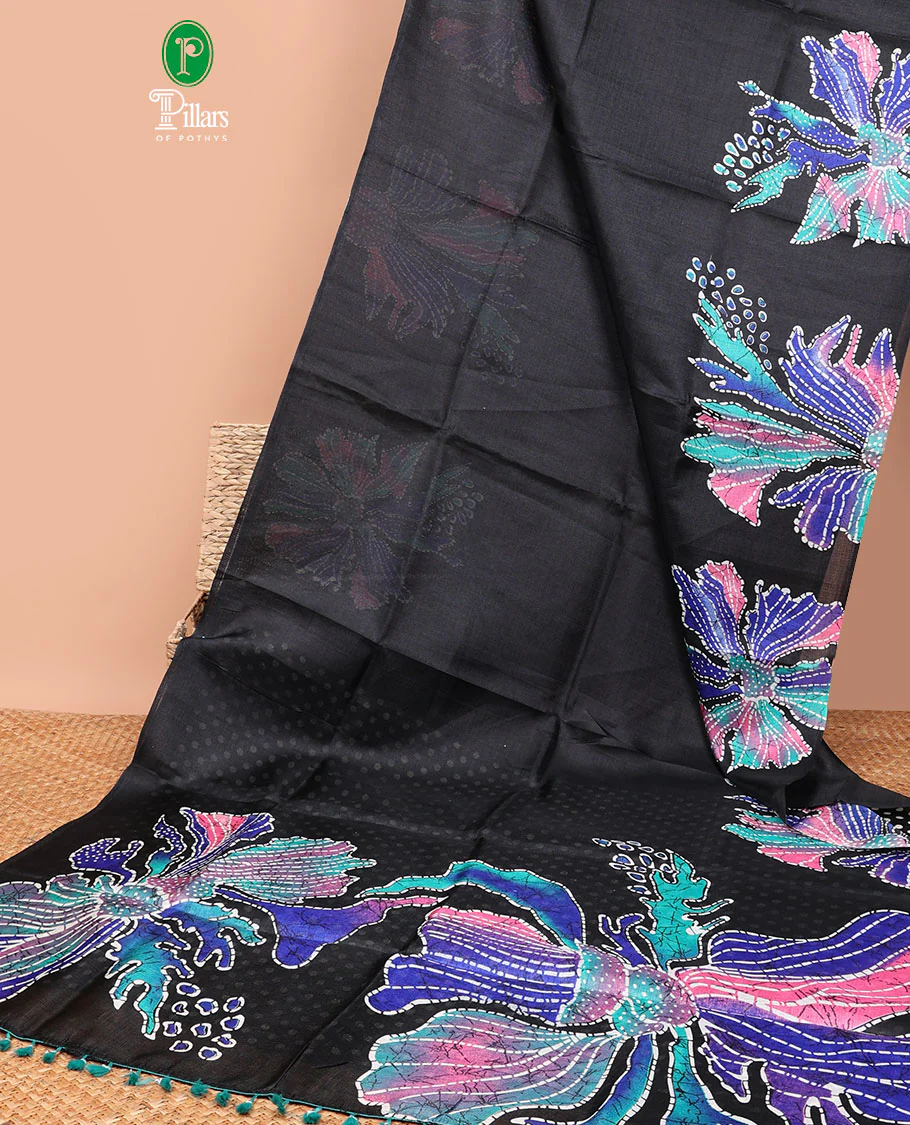Borderless black printed orchid design semi khadhi saree with printed self, tussels pallu & all over dotted blouse - Image 2