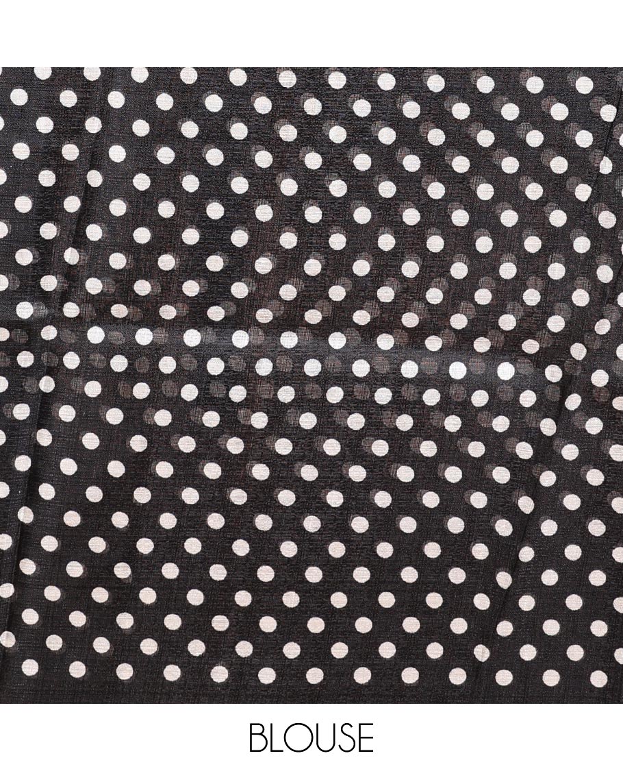 Borderless black printed orchid design semi khadhi saree with printed self, tussels pallu & all over dotted blouse - Image 3